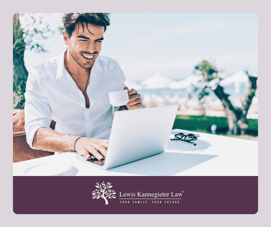 Work Time Smiling man drinking coffee with laptop